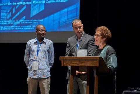 Janet Wasko with Christian Agbobli and Yanick Farmer, co-chairs of the local organising committee 